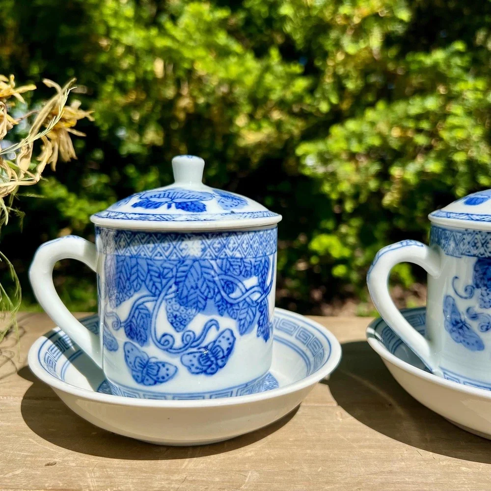 Vintage Oriental Blue & White Cup and Saucers w/ Lids | Set of 2